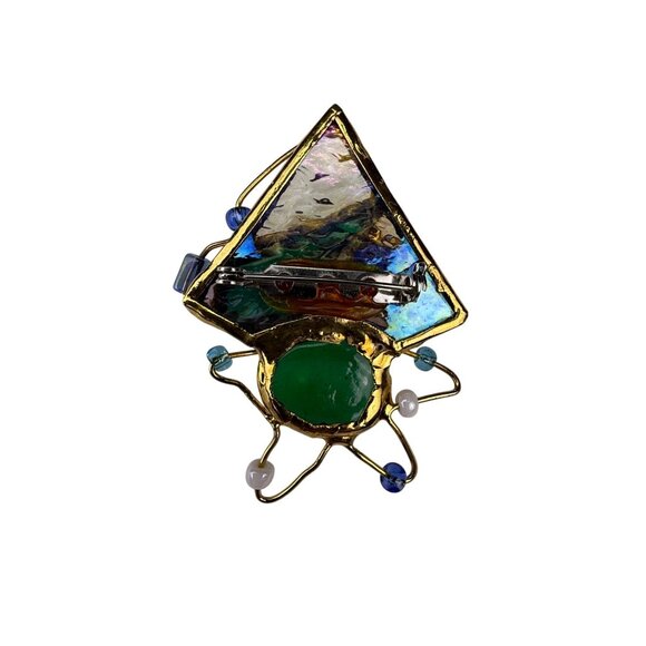 Abstract Gold Tone & Multicolor Glass Brooch Artistic Pin Unique Design - Picture 2 of 4
